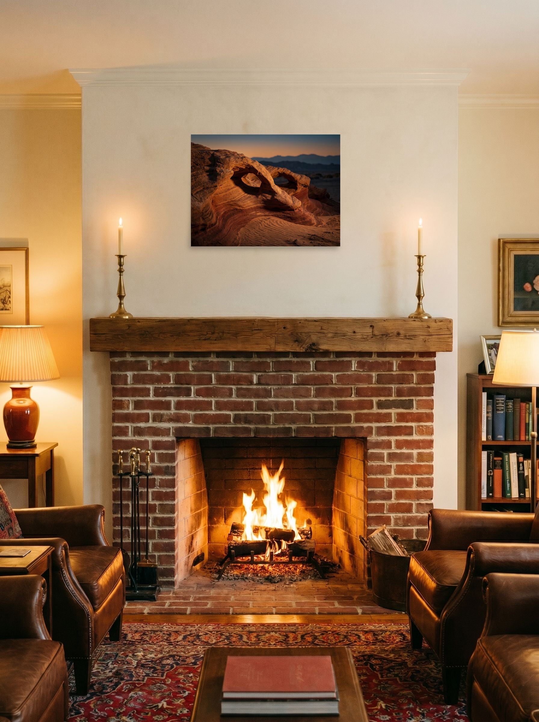 A 24x18 inch unframed paper Art photography print of 'Desert Whispers' displayed above a fireplace.