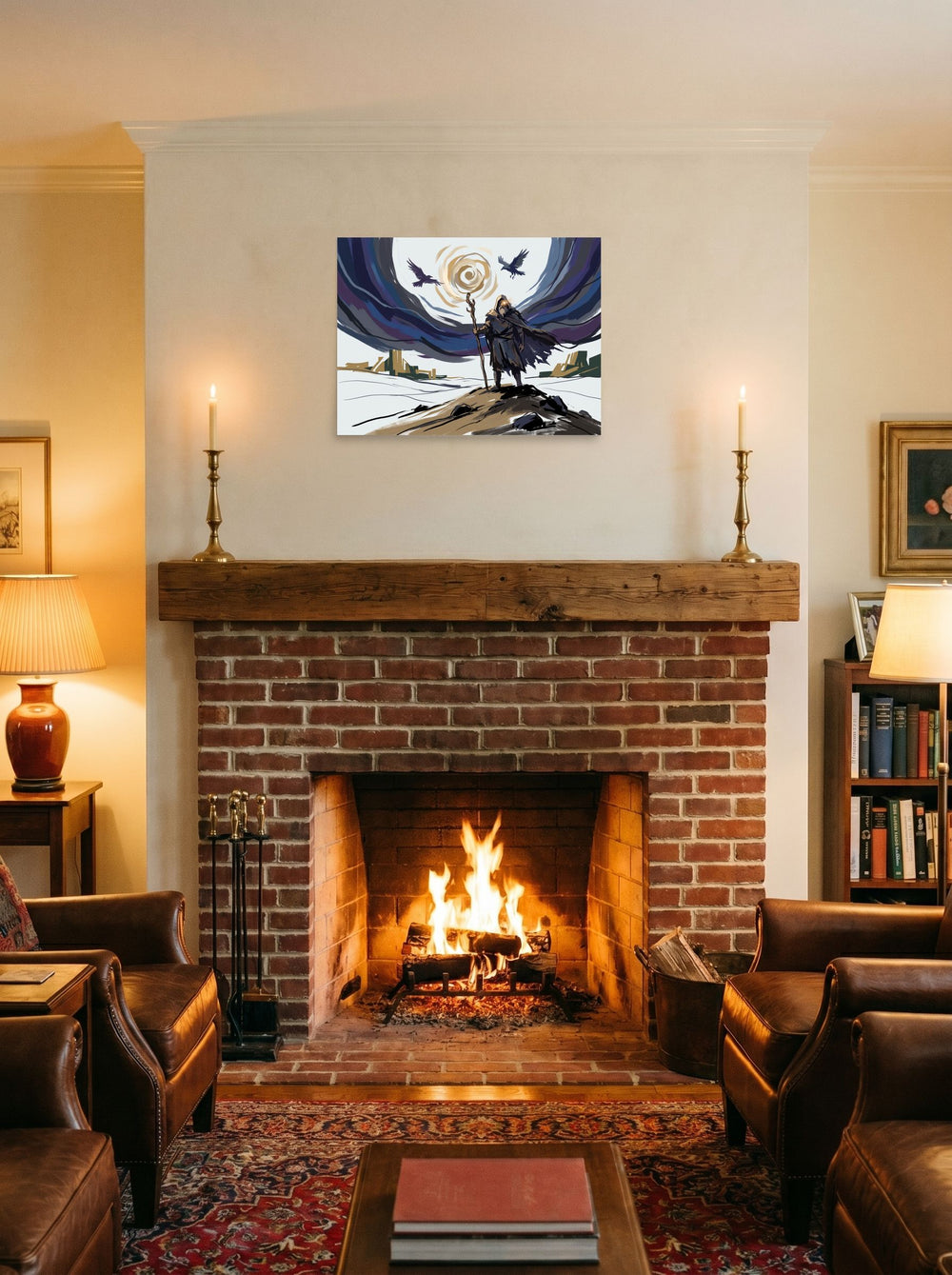 The unframed paper print 'The Wanderer's Eye' hung over a fireplace as a focal point, shown at 24x18 inch.