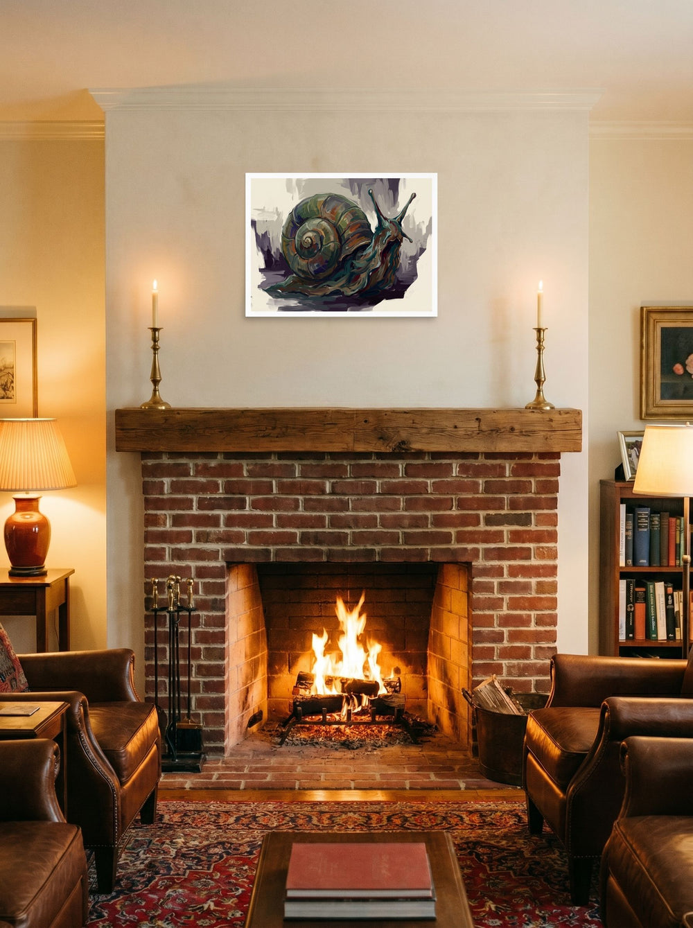 See 'The Primordial Snail' as a unframed paper print (24x18 inch), displayed above a fireplace.