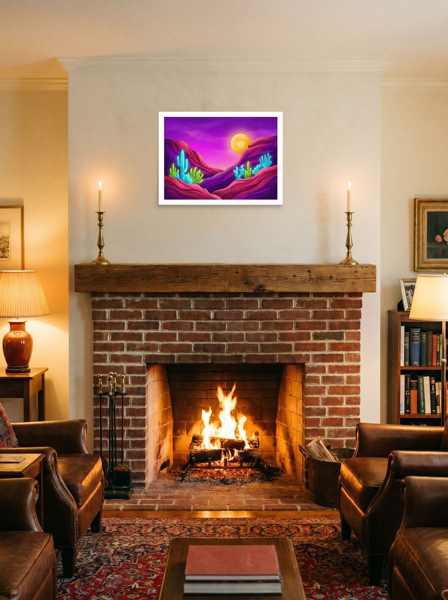 A 24x18 inch unframed paper Surrealism,Psychedelic art print of 'Bioluminescent Desert' displayed above a fireplace.