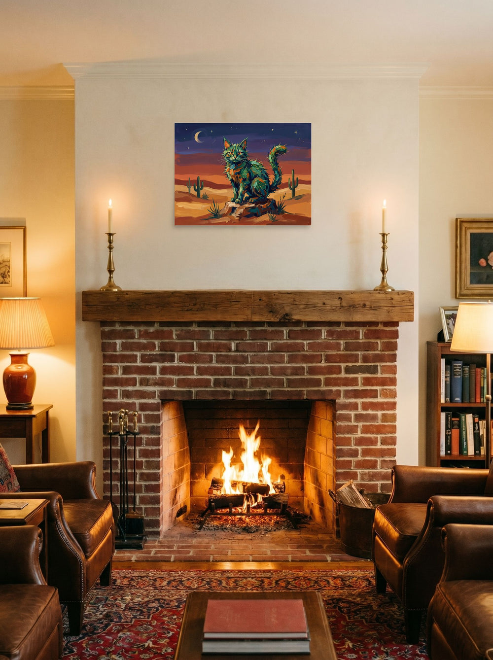 'The Cactus Cat' displayed above a fireplace. A 24x18 inch unframed paper Fauvism print.