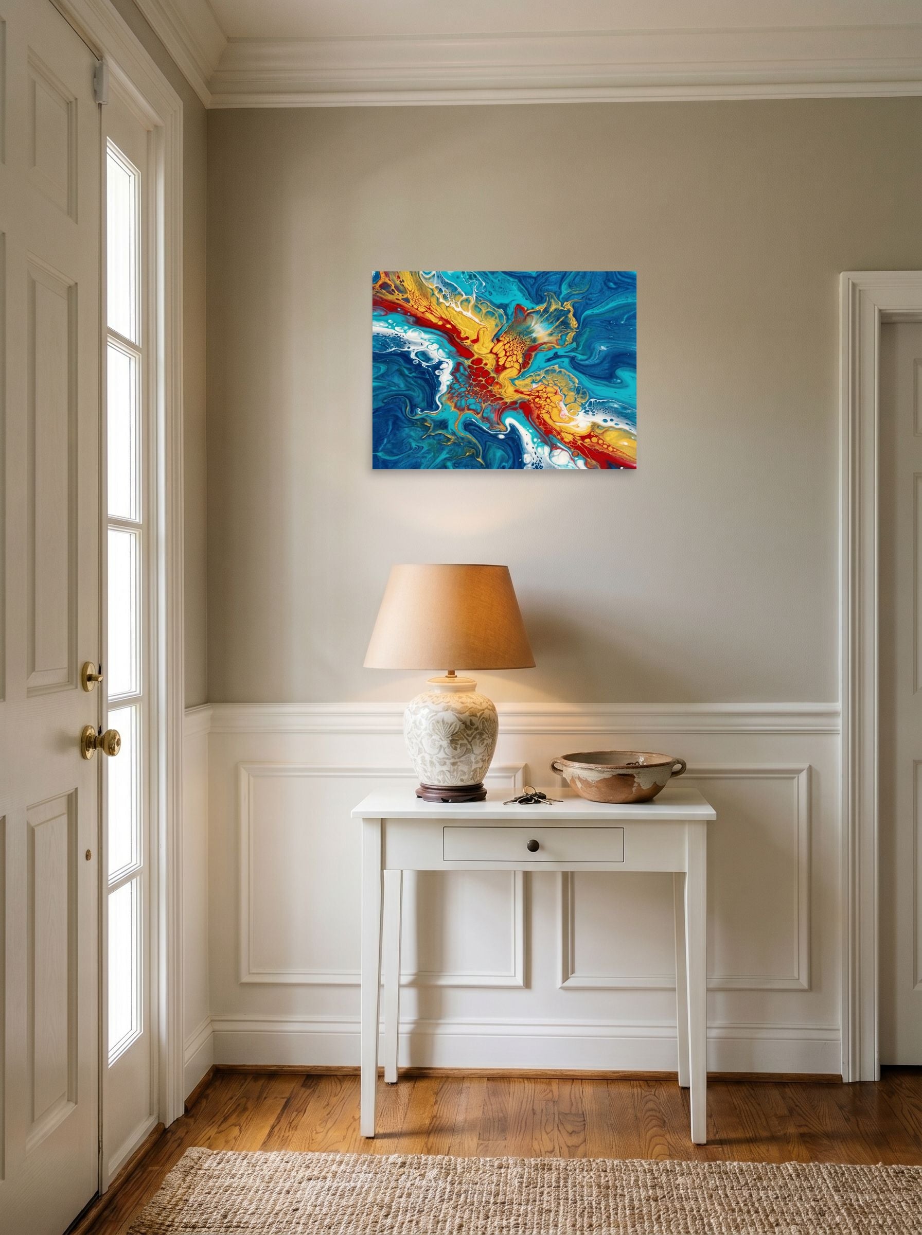 A 24x18 inch unframed paper Abstract art print of 'Crimson Splash' hanging in an entryway near a console.