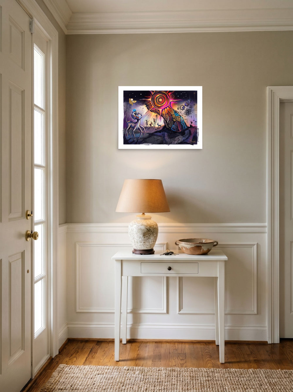 'The Concentric Sun' in 24x18 inch unframed paper, styled above a console table in an entryway.
