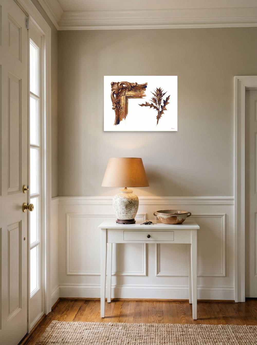 A 24x18 inch unframed paper Baroque,Realism print of 'Gilded Frame and Thistle' hanging in an entryway near a console.