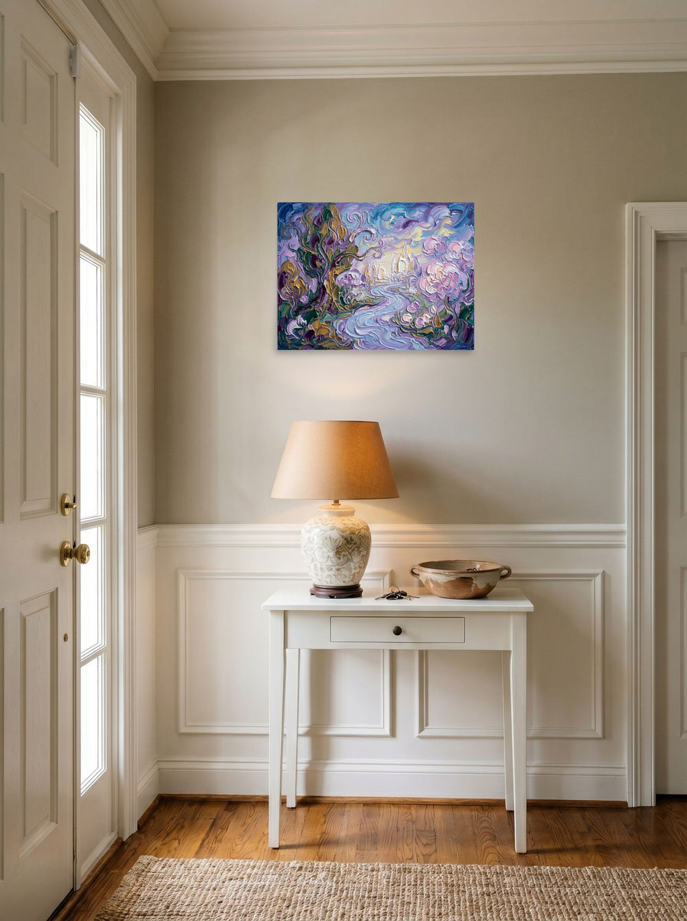 A 24x18 inch unframed paper Post-Impressionism print of 'Lavender Dreamscape' hanging in an entryway near a console.