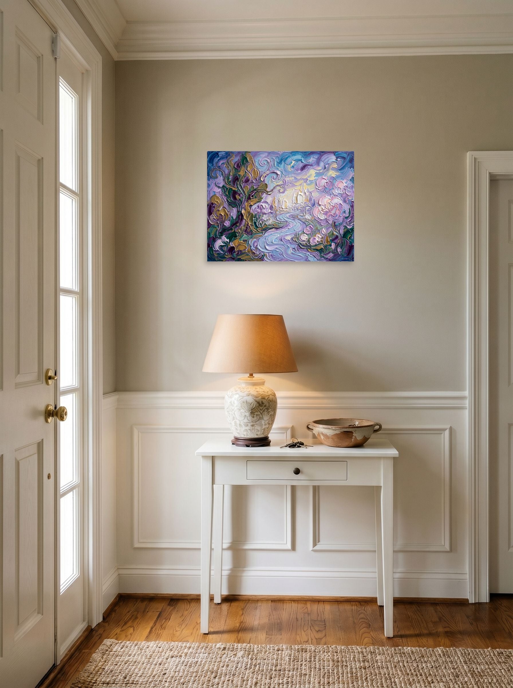 A 24x18 inch unframed paper Post-Impressionism print of 'Lavender Dreamscape' hanging in an entryway near a console.