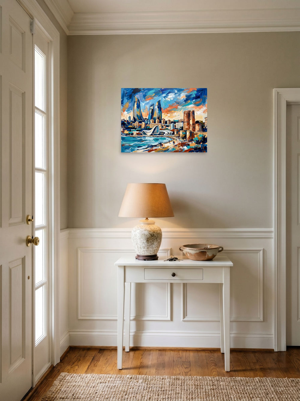 The unframed paper print 'City of Flames' styled above a console table in an entryway, shown at 24x18 inch.