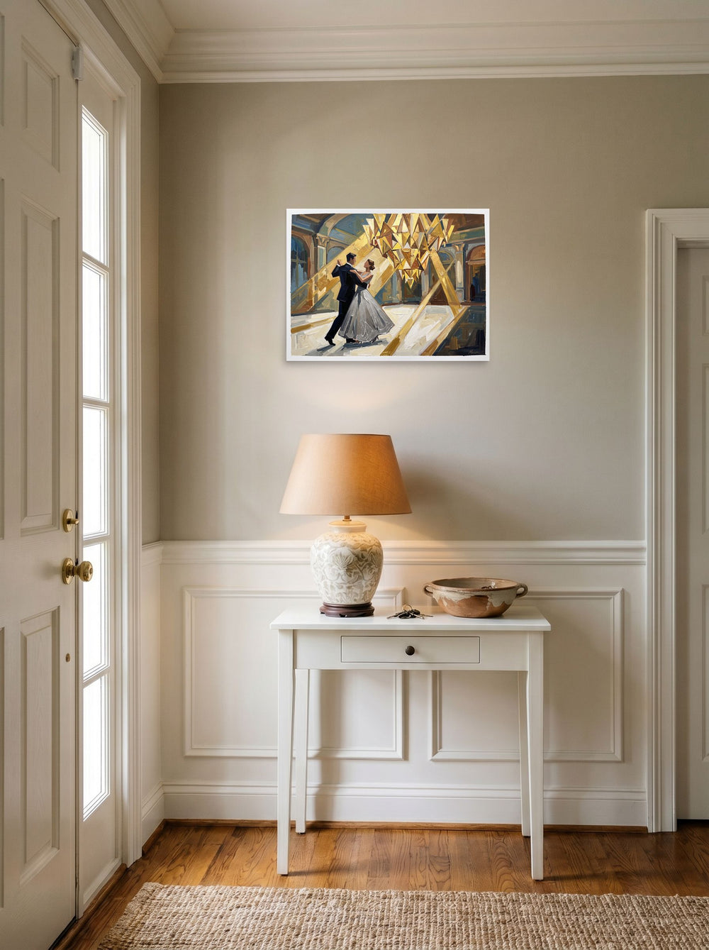 A 24x18 inch unframed paper Art Deco print of 'The Midnight Waltz' hanging in an entryway near a console.