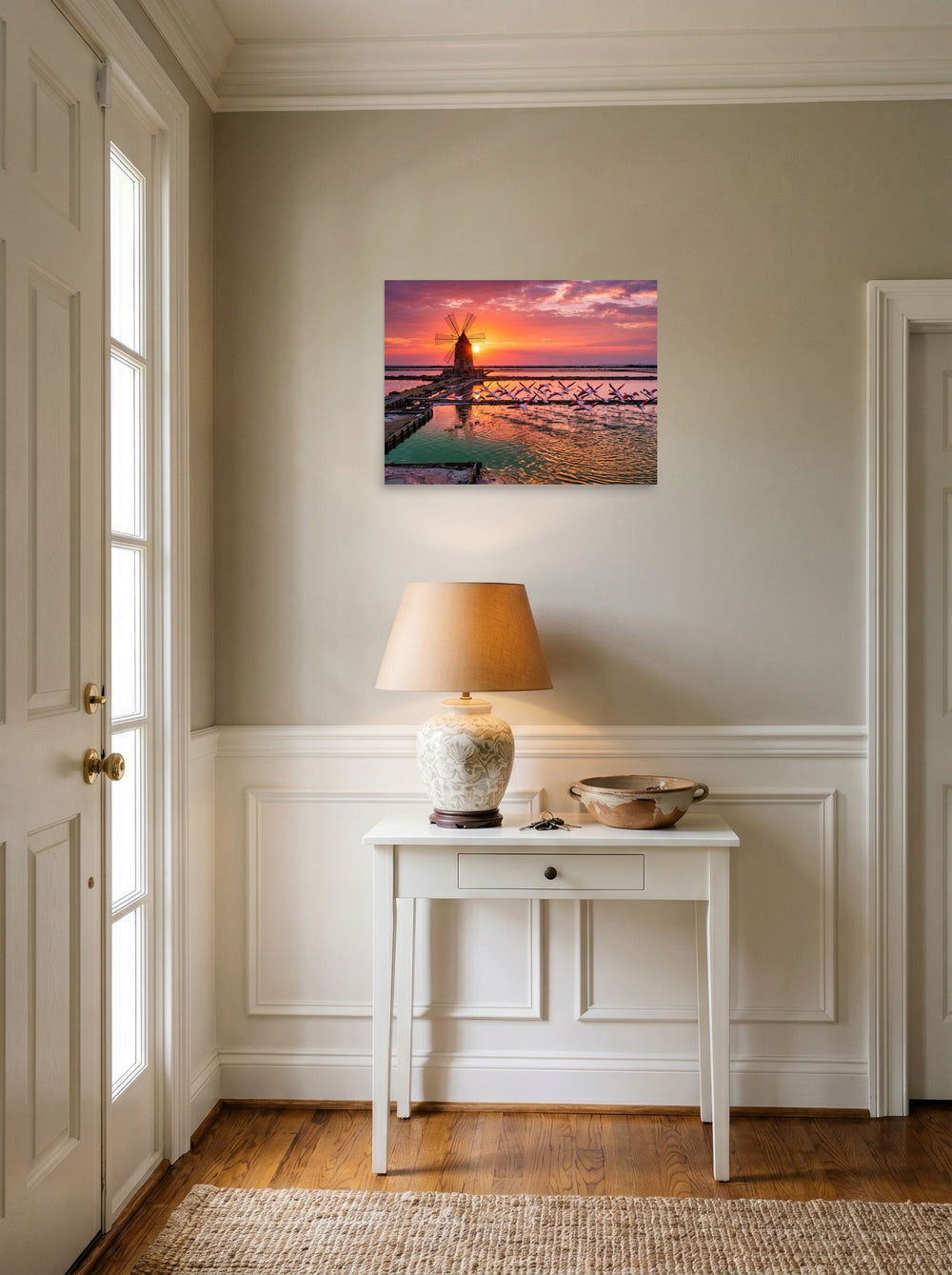 See 'Flamingos at Dusk' as a unframed paper print (24x18 inch), set against a bright entryway wall.