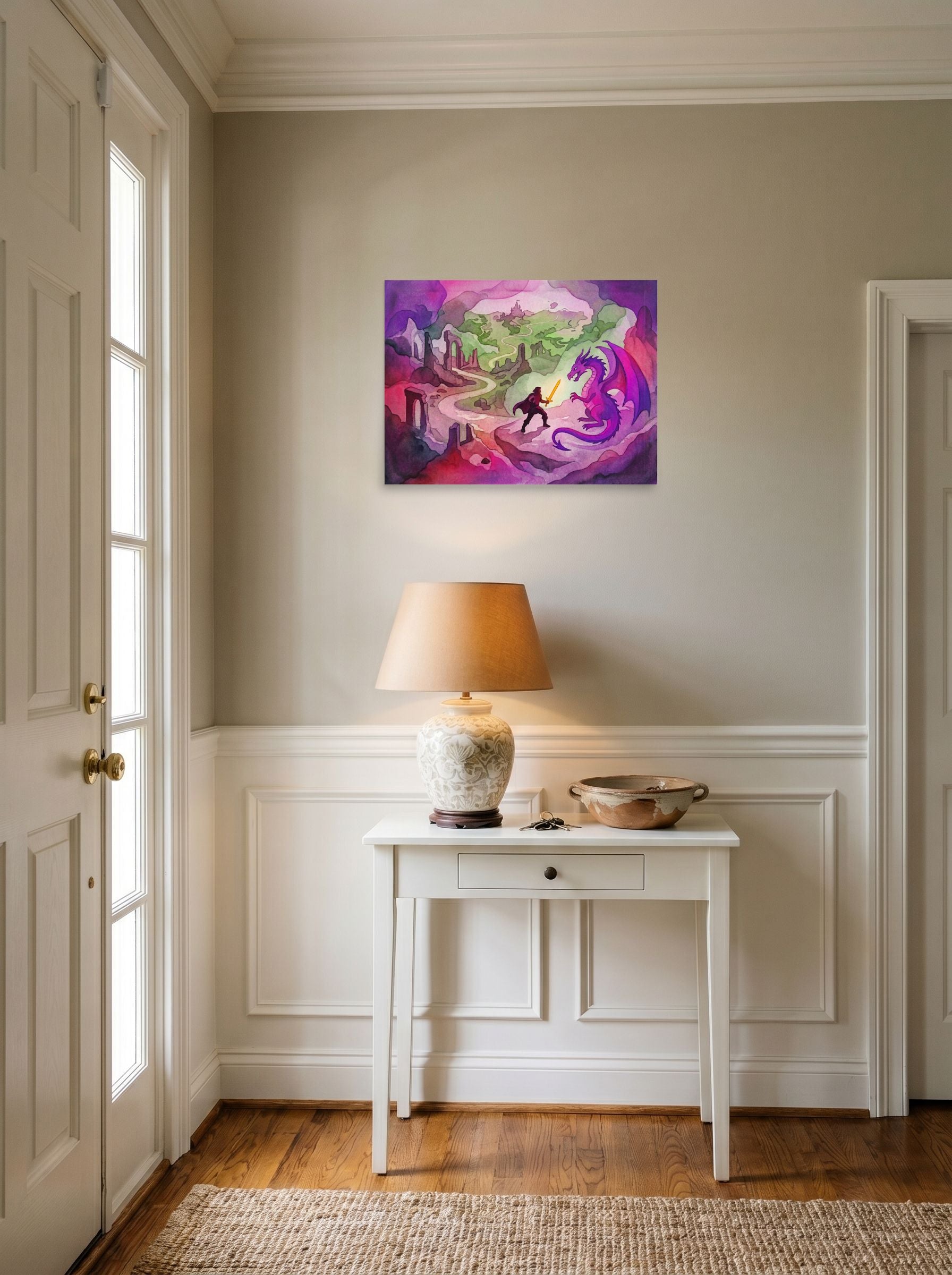 A 24x18 inch unframed paper Fantastic realism print of 'The Dragon's Challenge' hanging in an entryway near a console.