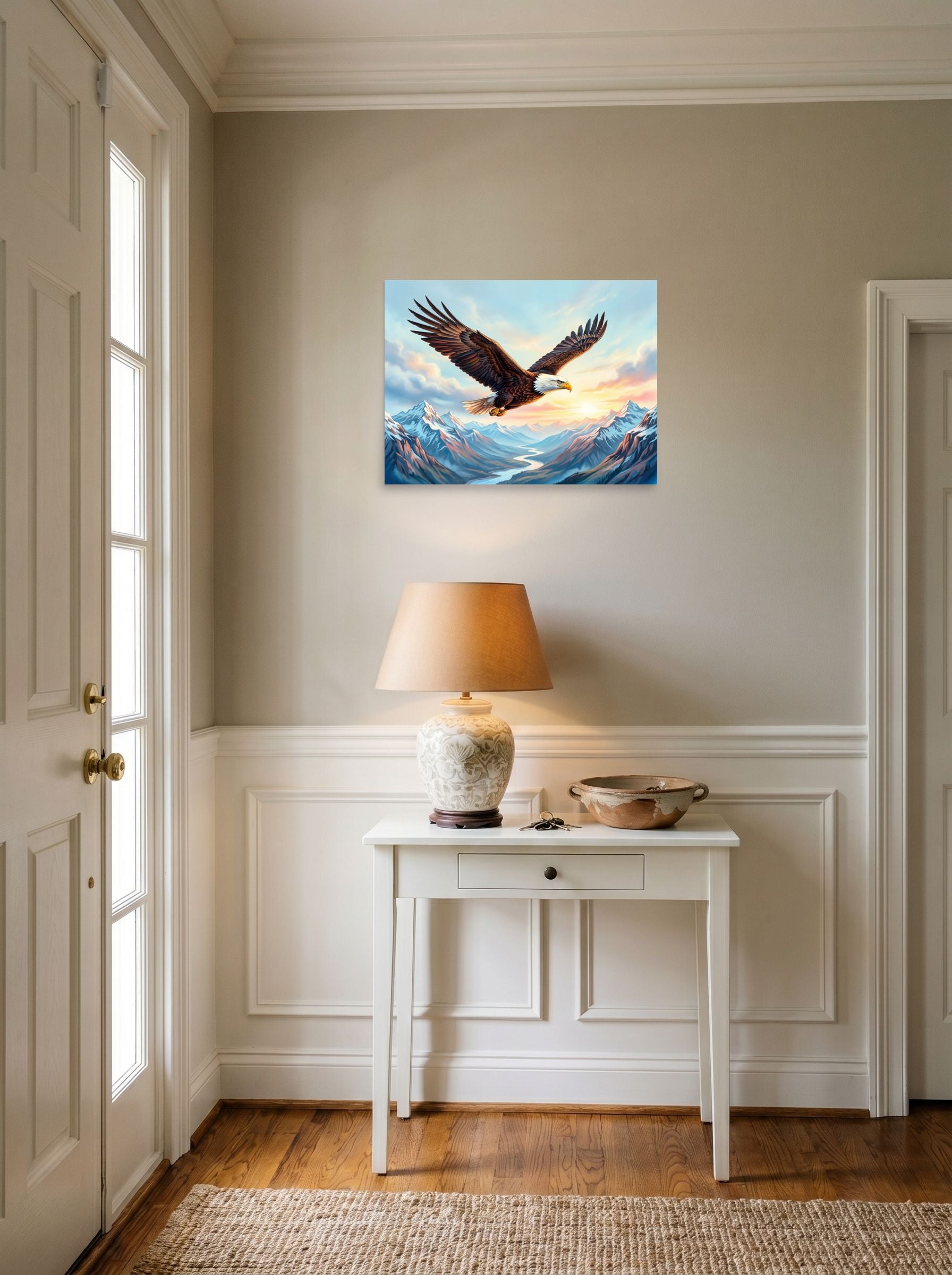 A 24x18 inch unframed paper Realism print of 'Valley Flight' hanging in an entryway near a console.