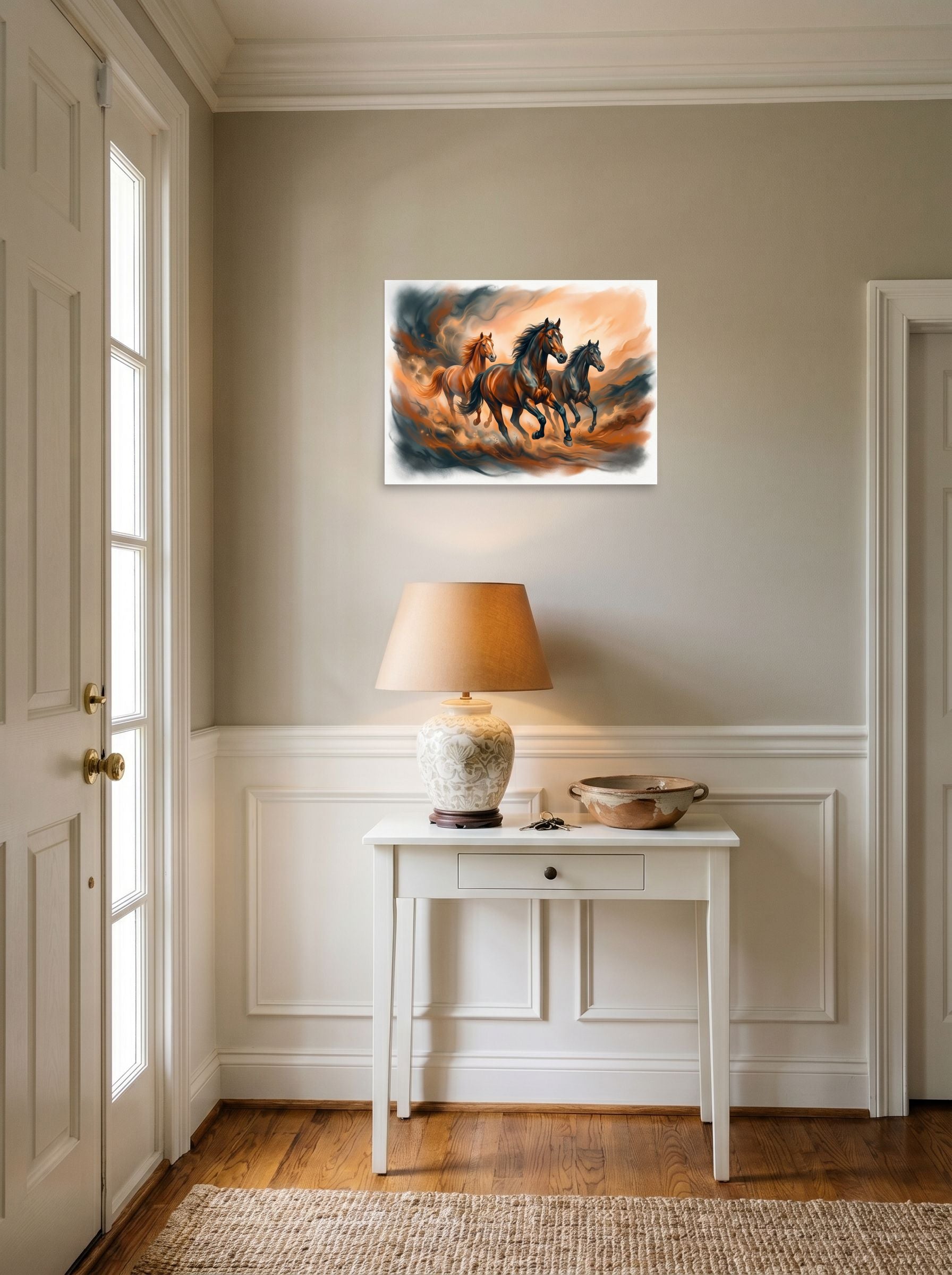 A 24x18 inch unframed paper Realism print of 'Dust and Thunder' hanging in an entryway near a console.