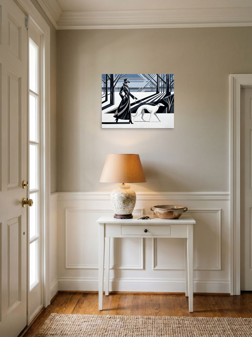 A 24x18 inch unframed paper Art Deco print of 'Winter Stroll' hanging in an entryway near a console.