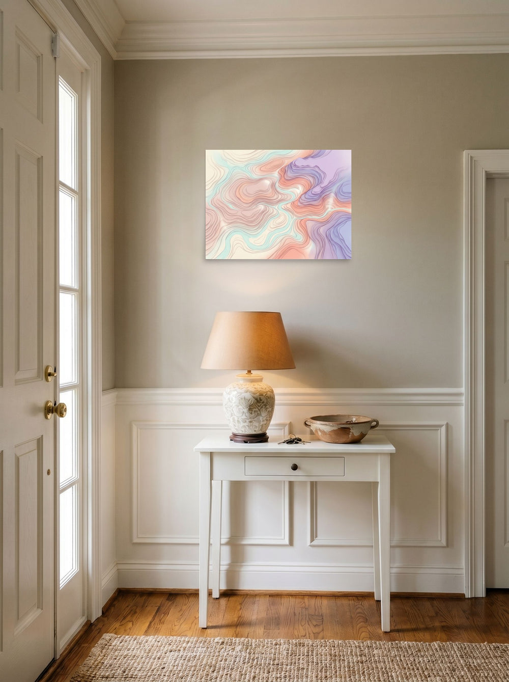 A 24x18 inch unframed paper Abstract art,Geometric abstract art print of 'Pastel Topography' hanging in an entryway near a console.