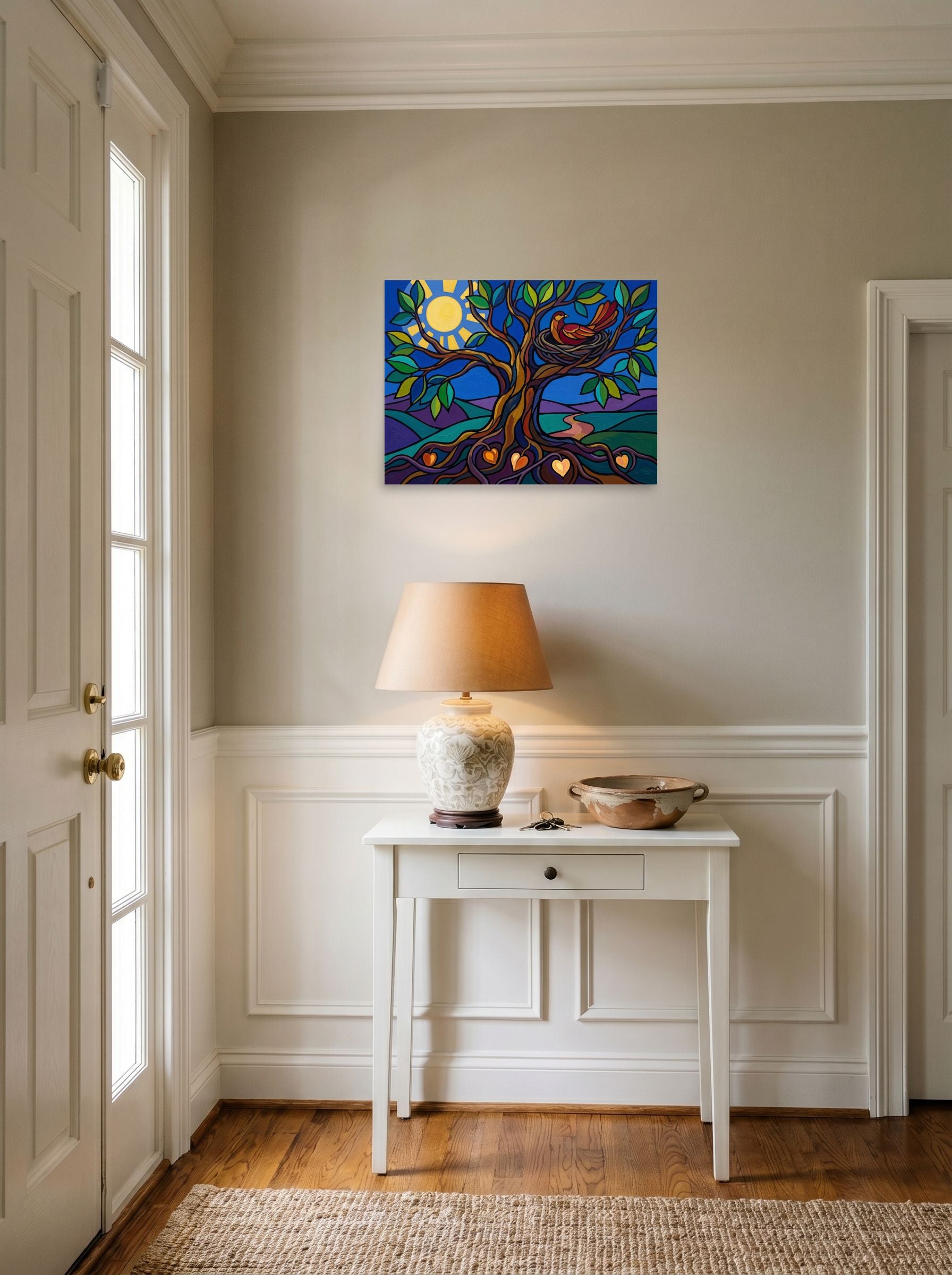 A 24x18 inch unframed paper Cloisonnism print of 'The Tree of Nurture' hanging in an entryway near a console.