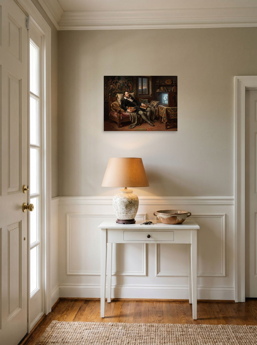 Mockup of 'The Renaissance Couch Potato' as a 24x18 inch unframed paper print, set against a bright entryway wall.