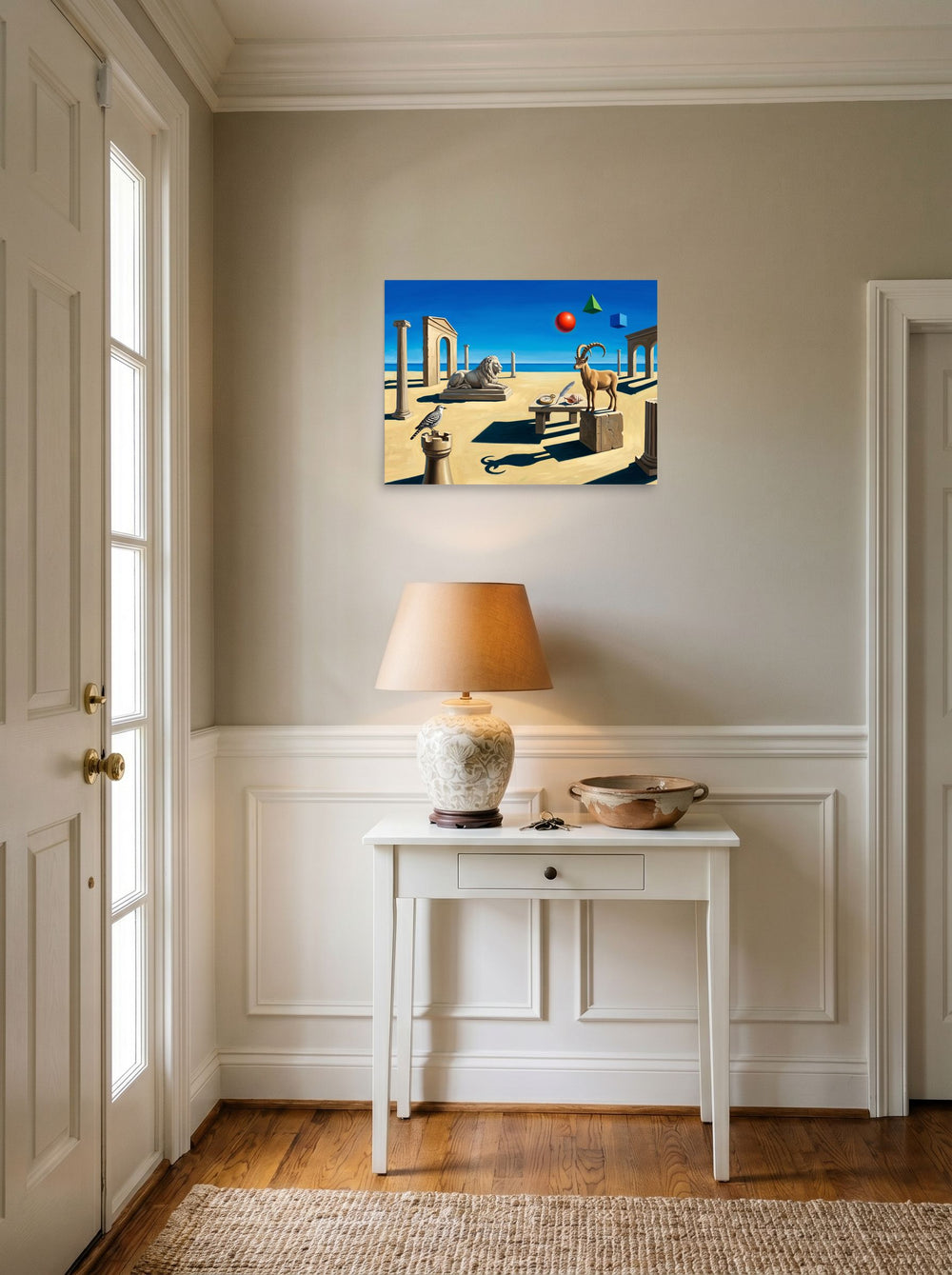 A 24x18 inch unframed paper Surrealism print of 'The Keeper of Sands and Time' hanging in an entryway near a console.