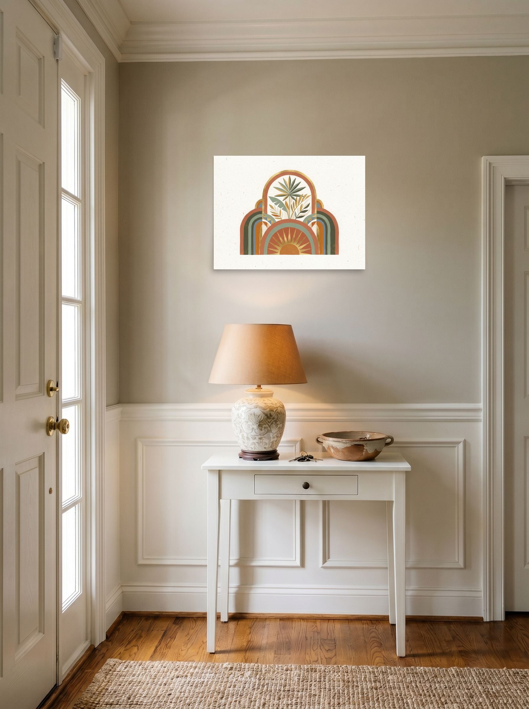 A 24x18 inch unframed paper Minimalism,Geometric abstract art print of 'Golden Archway Oasis' hanging in an entryway near a console.