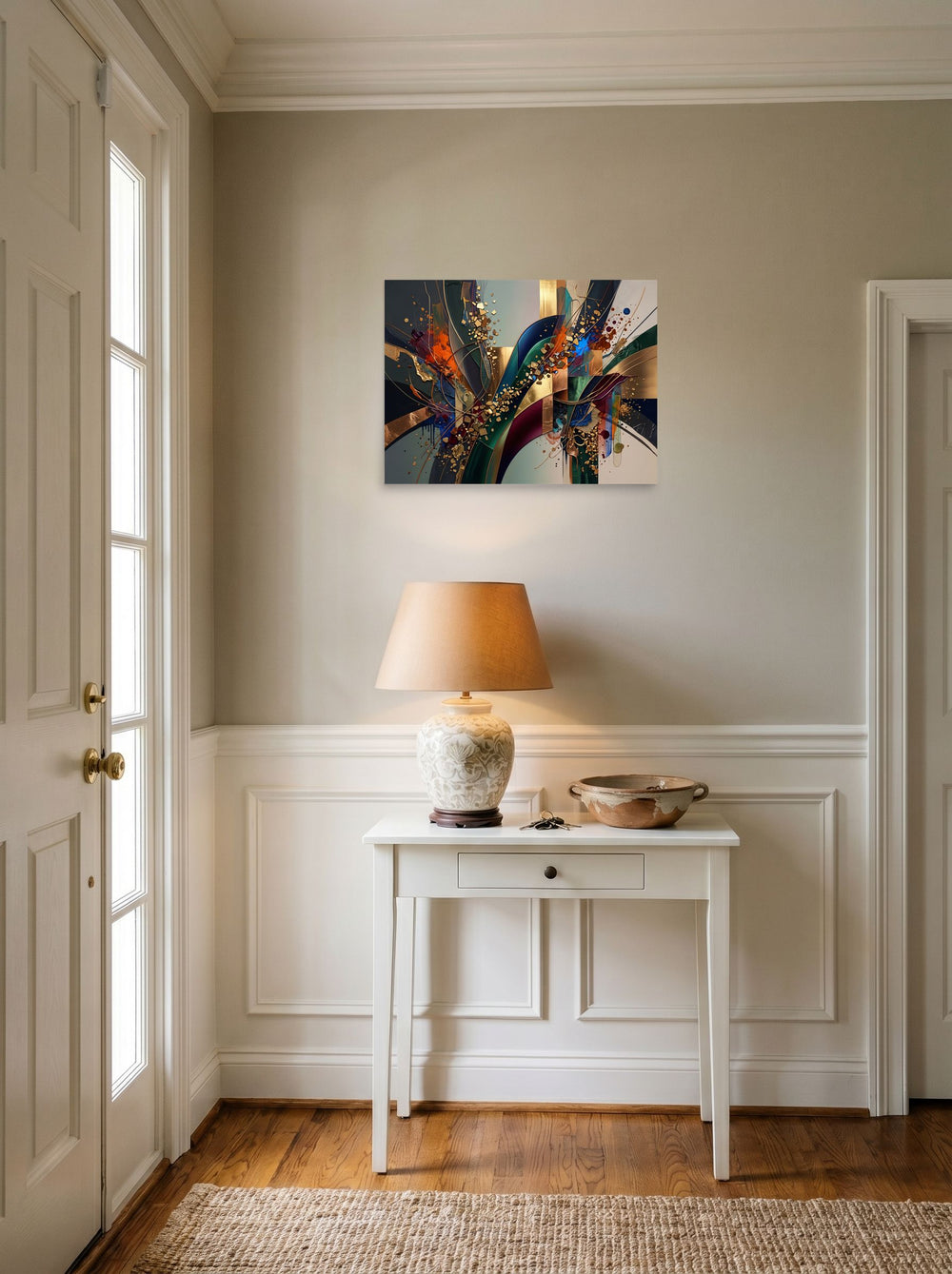 'Golden Trajectory and Flow' set against a bright entryway wall. A 24x18 inch unframed paper Abstract expressionism print.