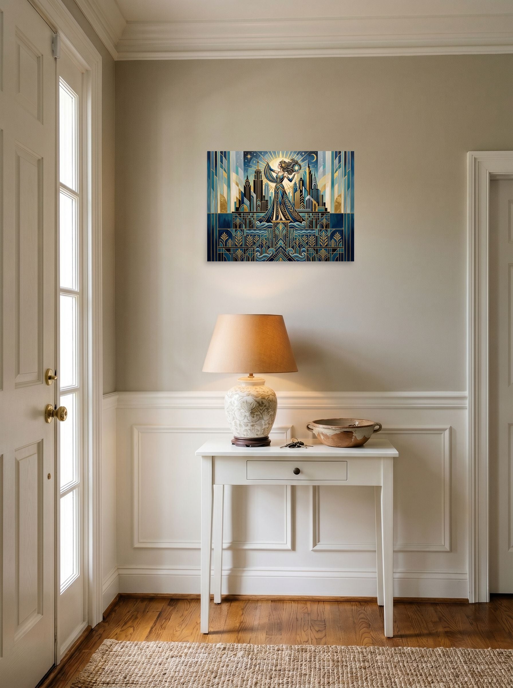 A 24x18 inch unframed paper Art Deco print of 'Golden Metropolis' hanging in an entryway near a console.