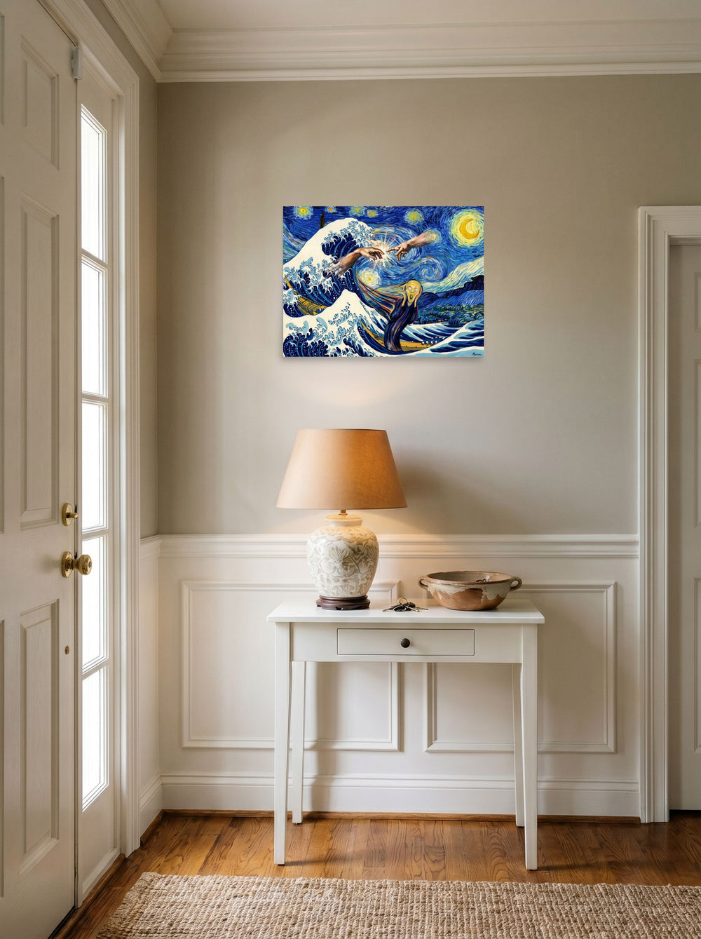 'Cosmic Collision of Masterpieces' in 24x18 inch unframed paper, styled above a console table in an entryway.