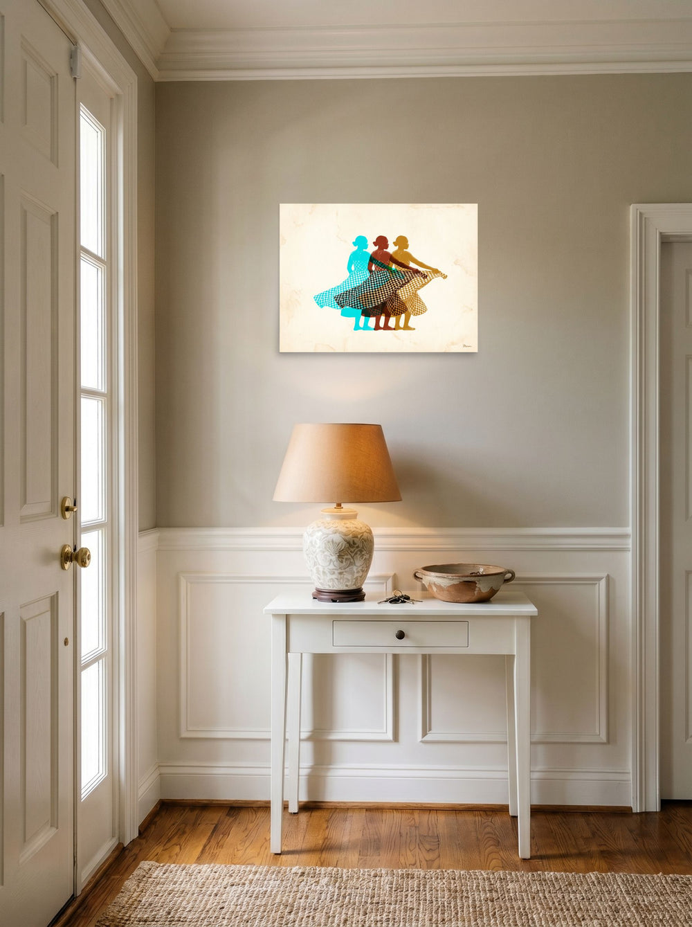 A 24x18 inch unframed paper Pop art,Figurative art print of 'Rhythm in Triplicate' hanging in an entryway near a console.