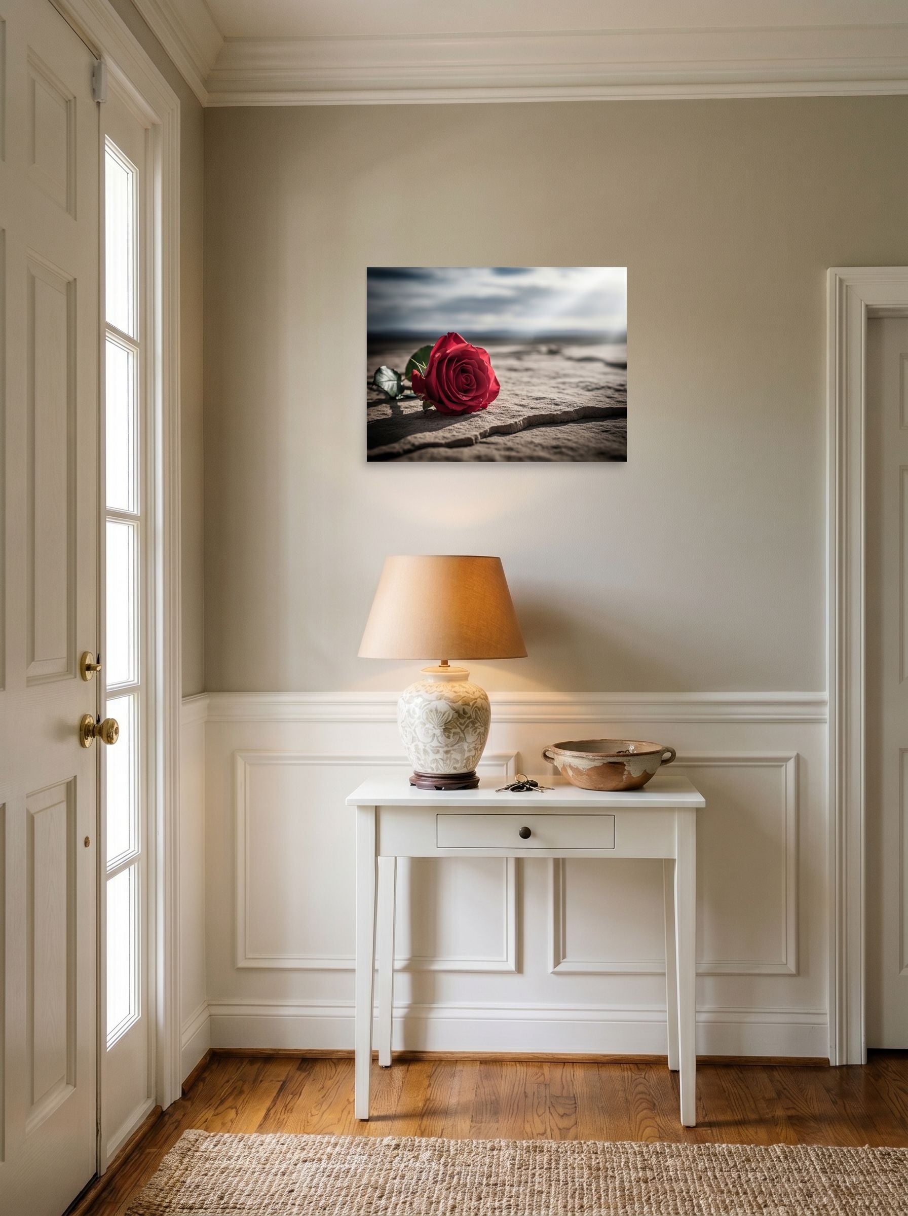 A 24x18 inch unframed paper Art photography print of 'Red Rose on Stone' hanging in an entryway near a console.