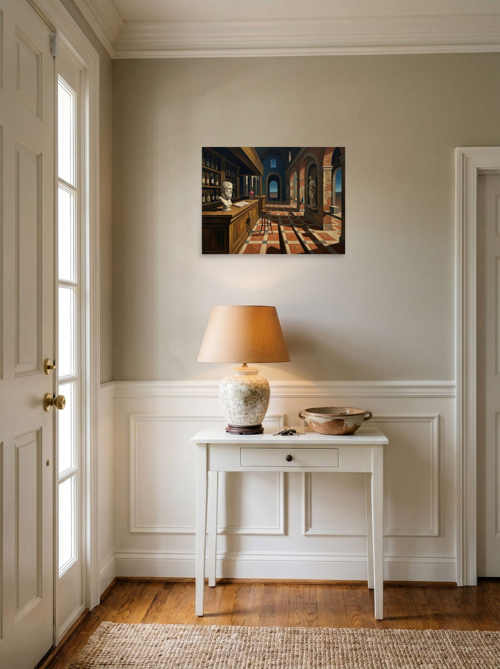 A 24x18 inch unframed paper Metaphysical painting print of 'The Philosopher's Tavern' hanging in an entryway near a console.