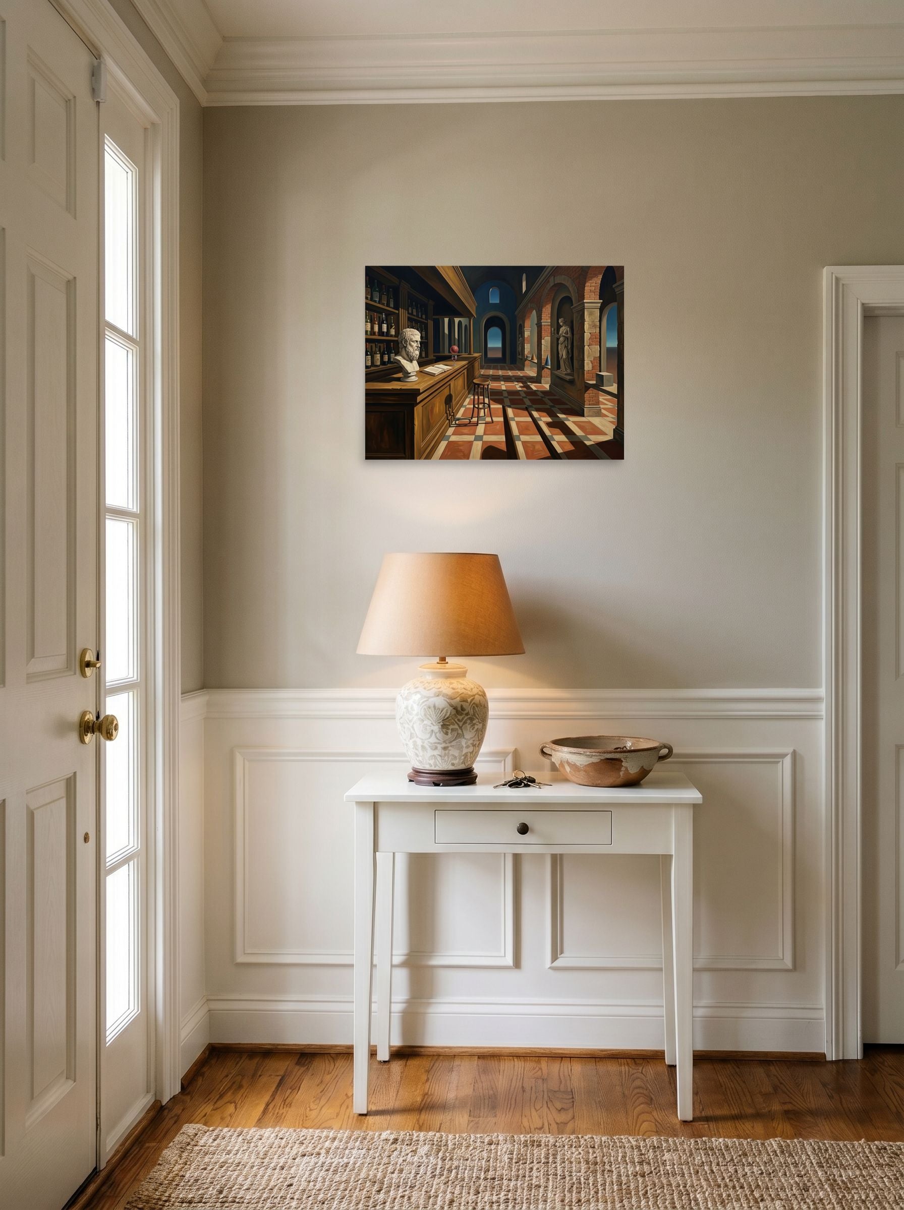 A 24x18 inch unframed paper Metaphysical painting print of 'The Philosopher's Tavern' hanging in an entryway near a console.