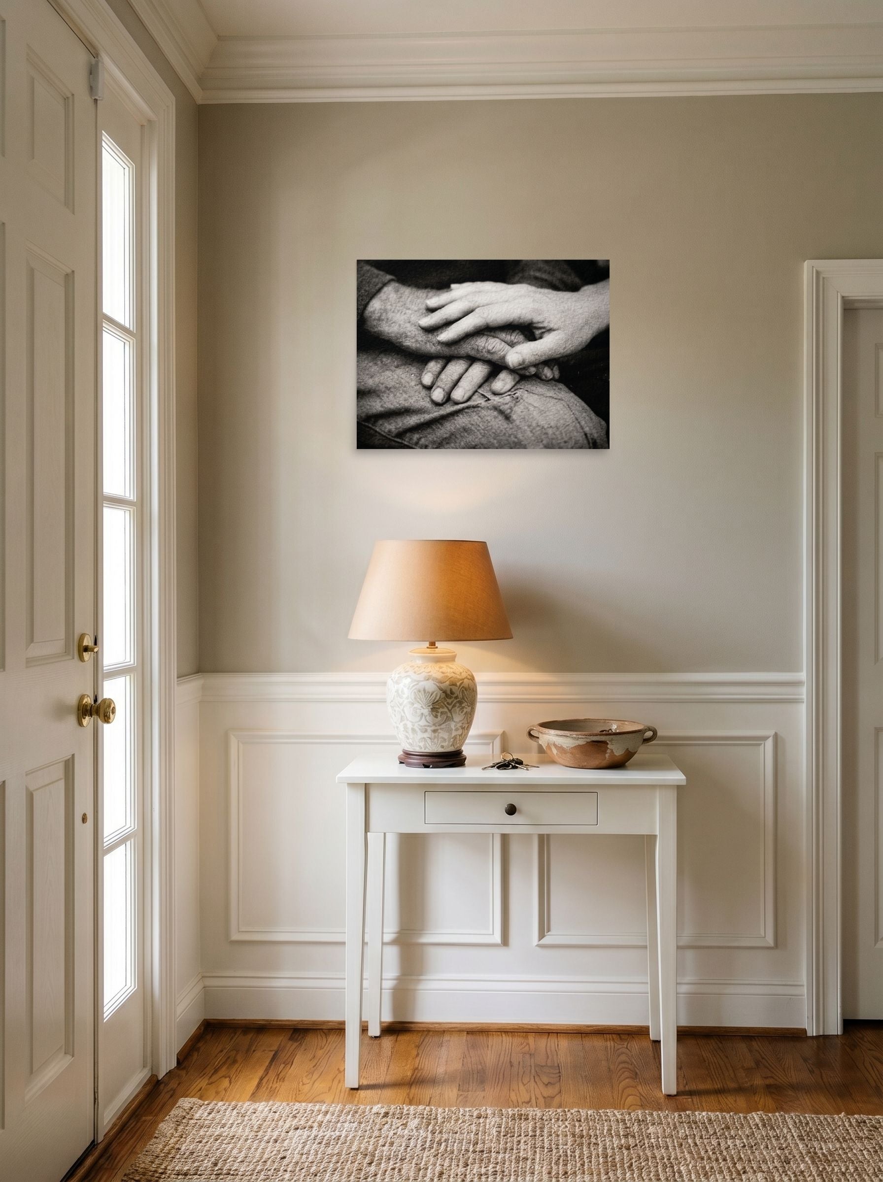 A 24x18 inch unframed paper Art photography print of 'A Lasting Touch' hanging in an entryway near a console.
