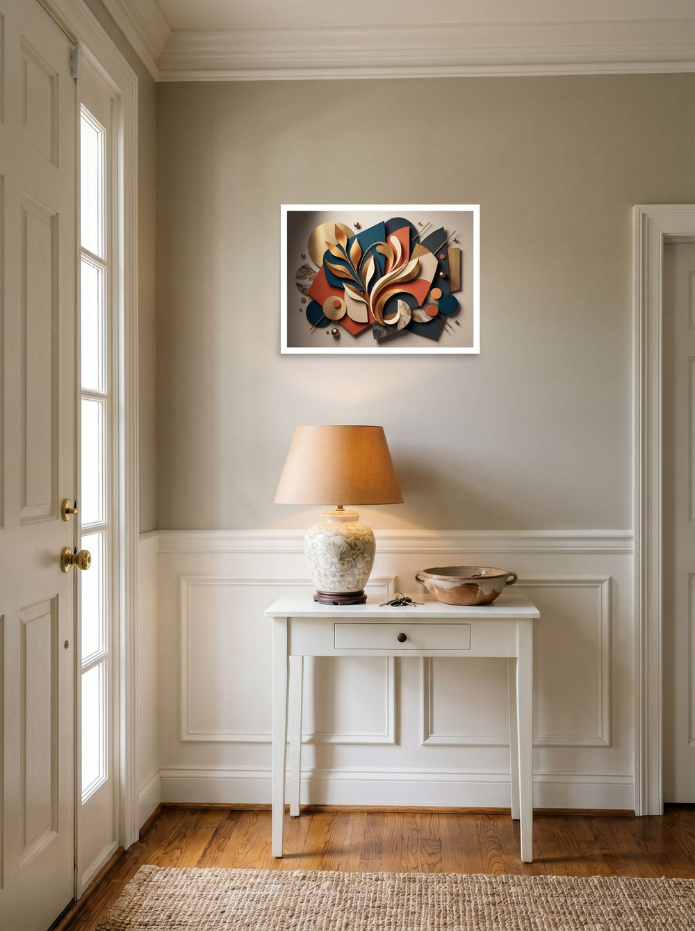 Mockup of 'Botanical Relief in Gold and Teal' as a 24x18 inch unframed paper print, set against a bright entryway wall.