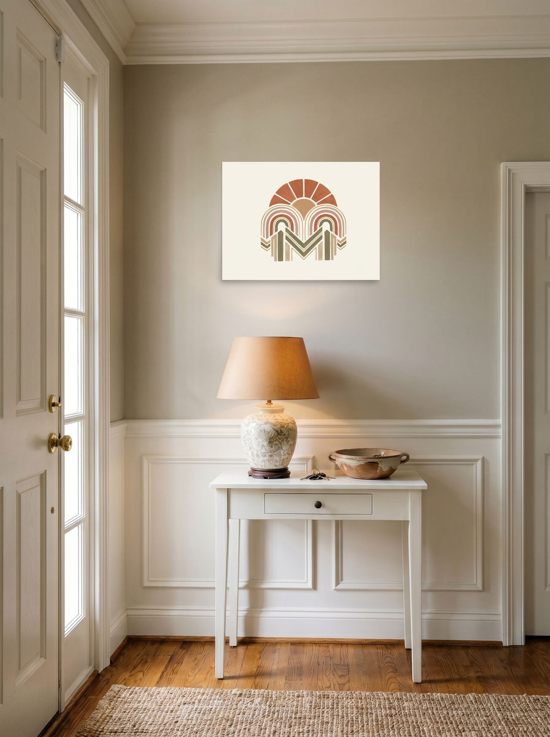 A 24x18 inch unframed paper Geometric abstract art print of 'Earthy Arches' hanging in an entryway near a console.