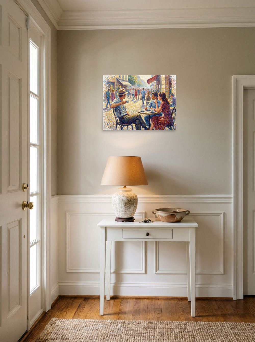 The unframed paper print 'Midday at the Bistro' hanging in an entryway near a console, shown at 24x18 inch.