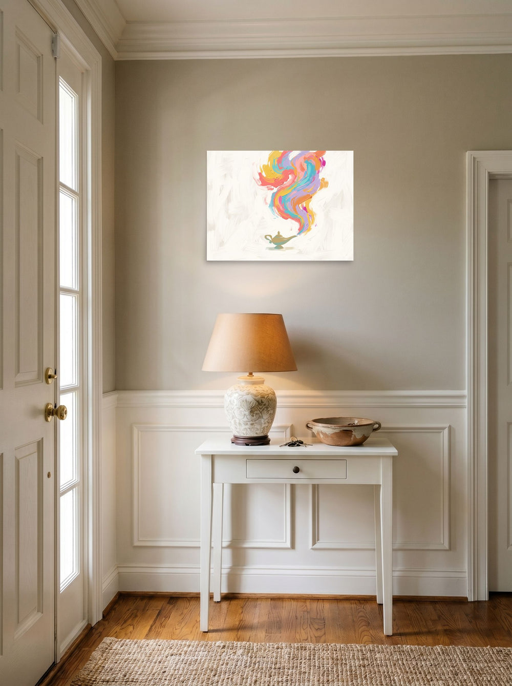 'Genie's Release' styled above a console table in an entryway, printed as unframed paper at 24x18 inch.