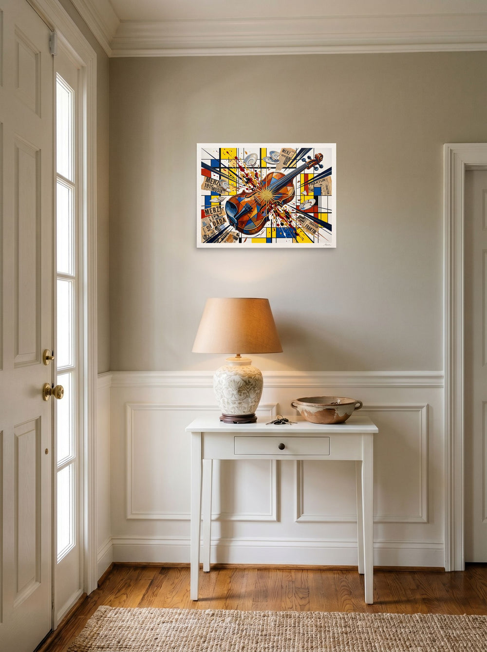 unframed paper wall art 'Merz Violinkonzert' hanging in an entryway near a console, at 24x18 inch.
