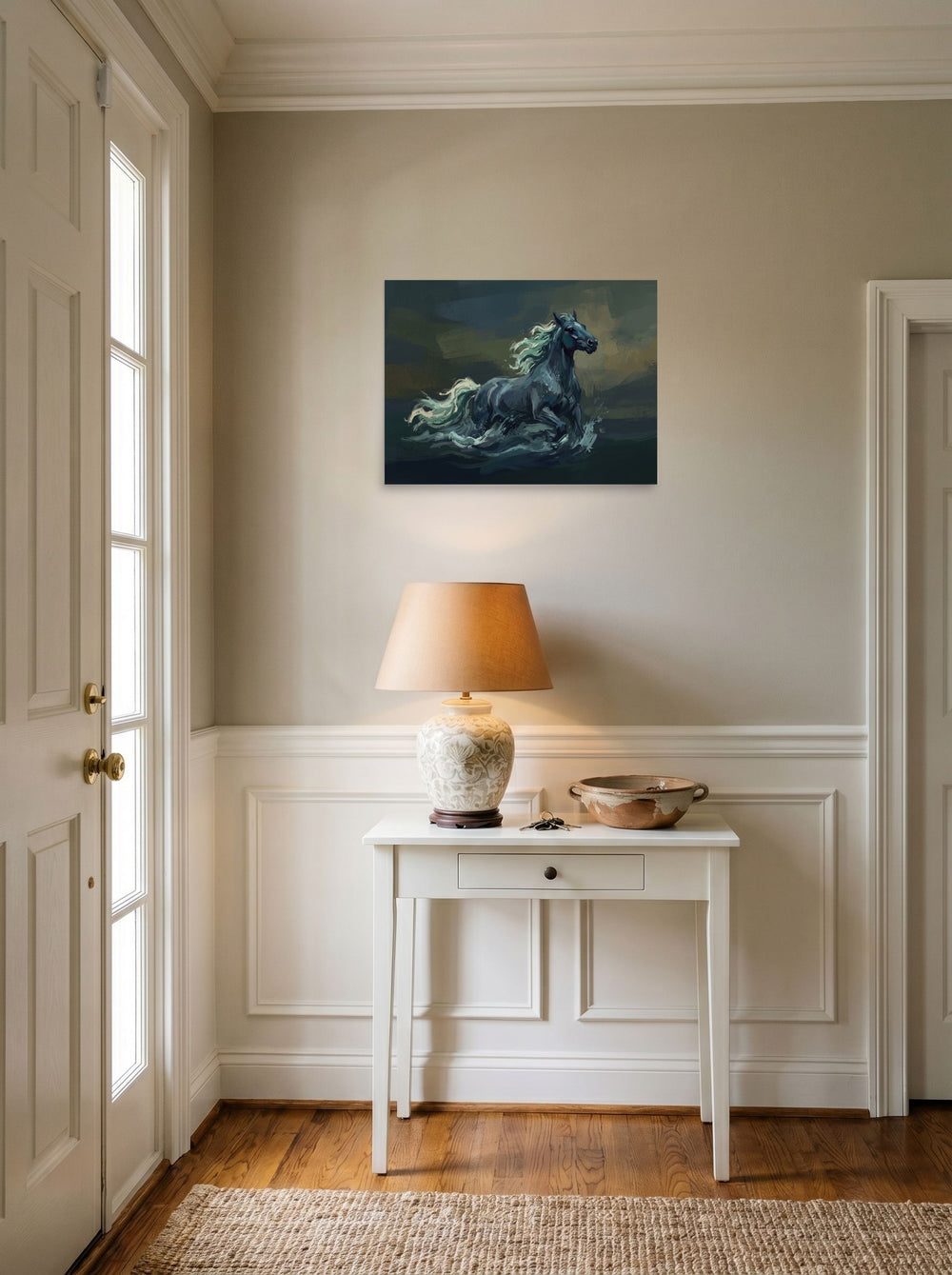 A unframed paper print of the Symbolism artwork 'Kelpie of the Dark Loch', hanging in an entryway near a console.