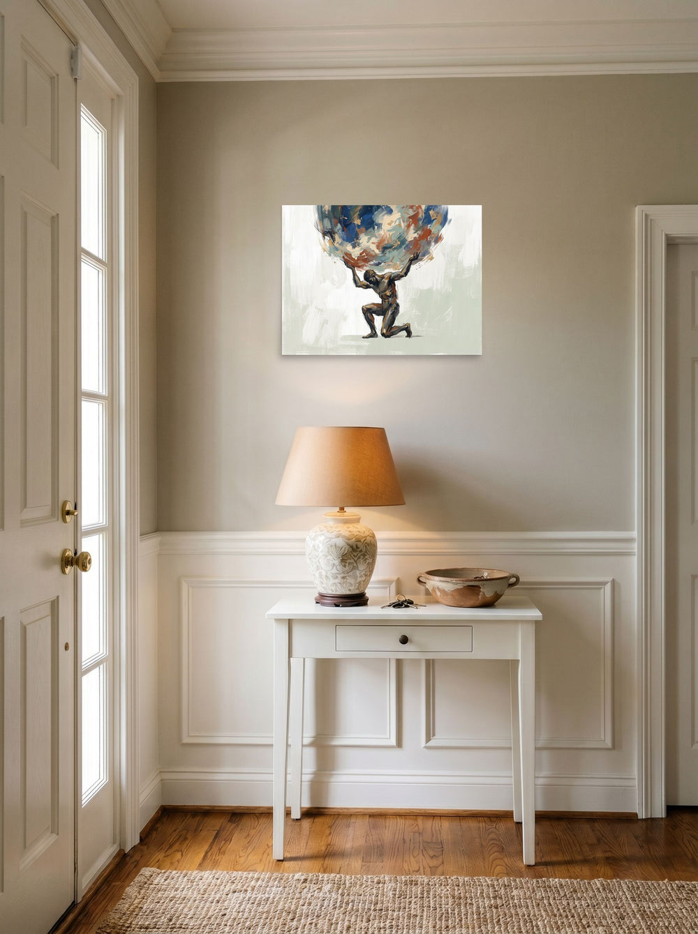'The Weight of the World' in 24x18 inch unframed paper, hanging in an entryway near a console.
