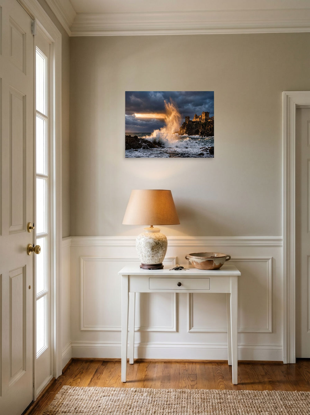 'Citadel of the Waves' in 24x18 inch unframed paper, hanging in an entryway near a console.