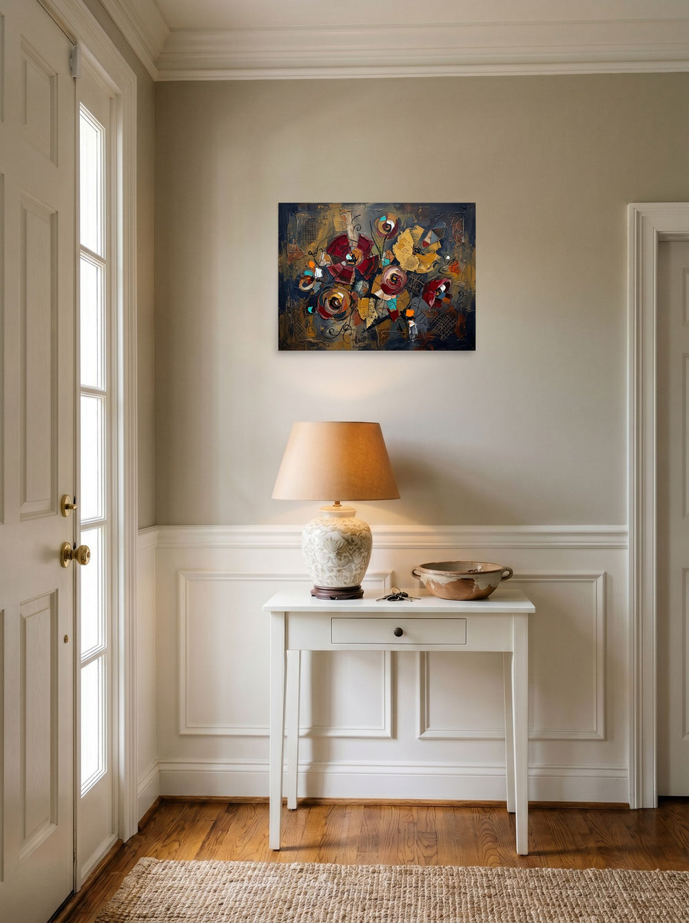 A unframed paper print of the Dau-al-Set artwork 'Geometric Blooms', hanging in an entryway near a console.