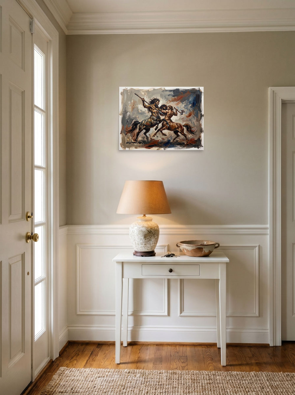 'Clash of the Centaurs' styled above a console table in an entryway. A 24x18 inch unframed paper Expressionism print.