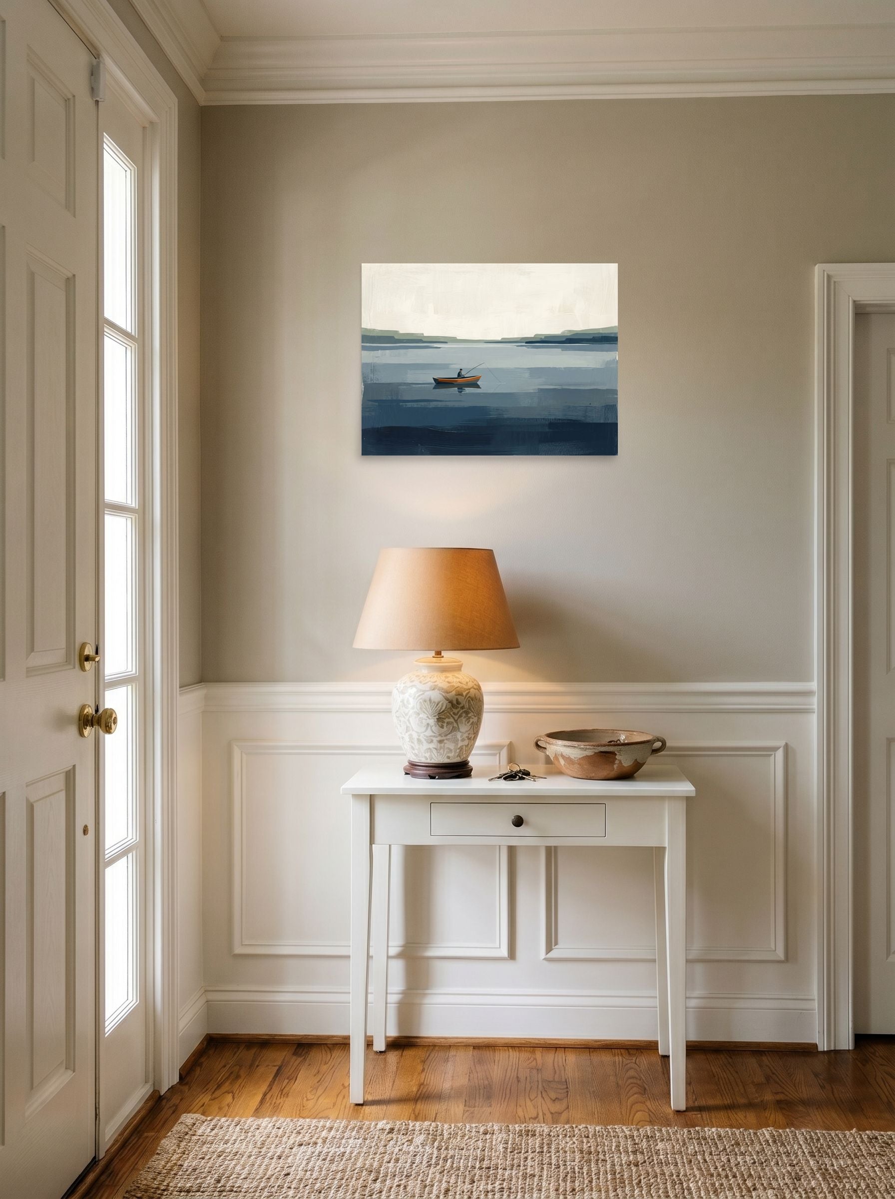 A 24x18 inch unframed paper Minimalism print of 'Quiet Waters' hanging in an entryway near a console.