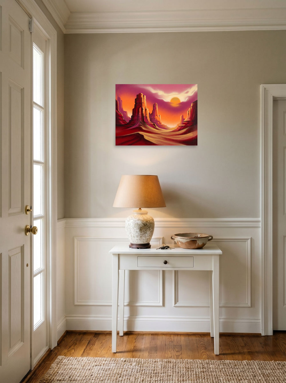 A 24x18 inch unframed paper Realism print of 'Crimson Canyons' hanging in an entryway near a console.