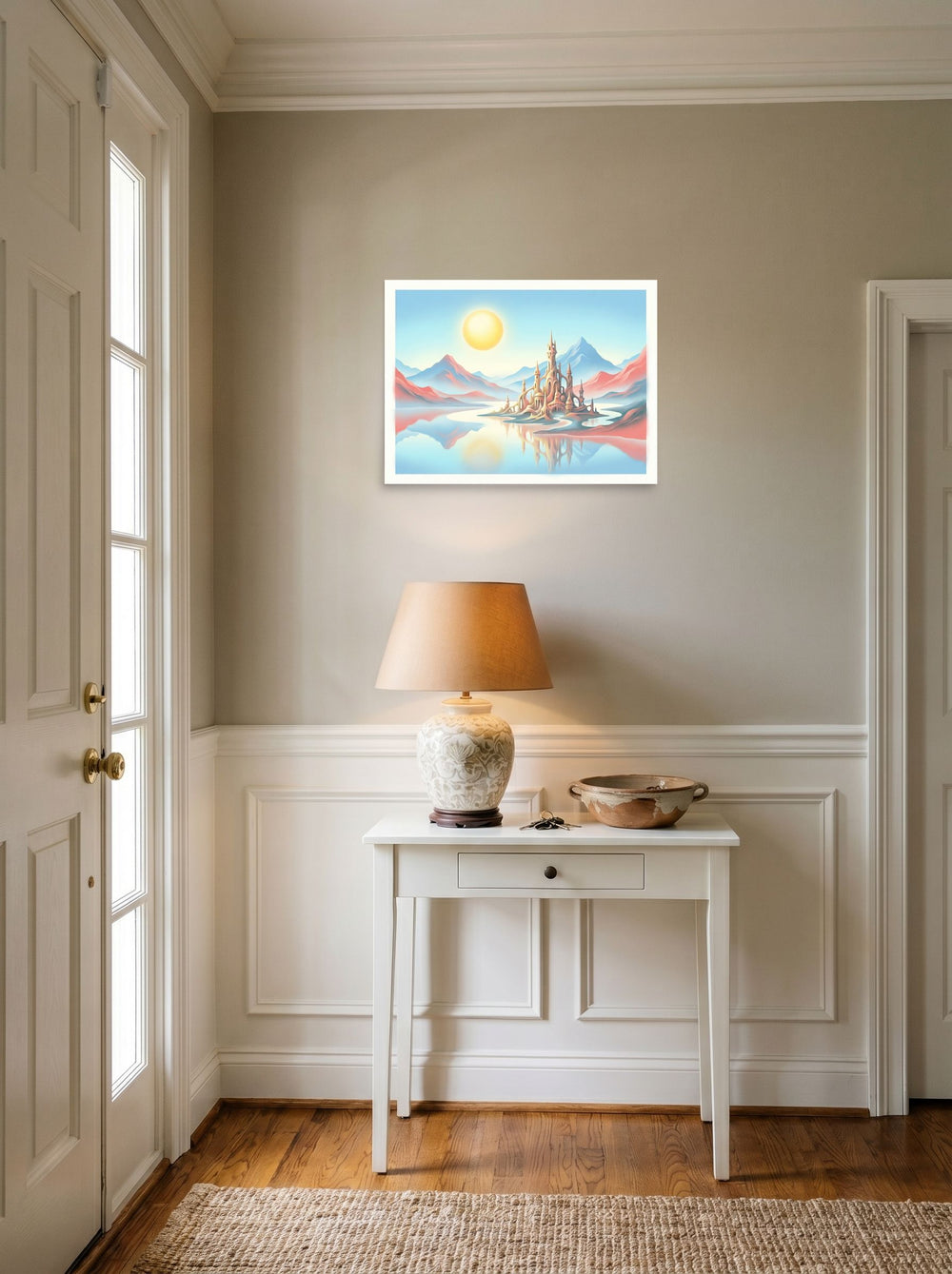 A 24x18 inch unframed paper Fantastic realism print of 'The Pastel Palace' hanging in an entryway near a console.
