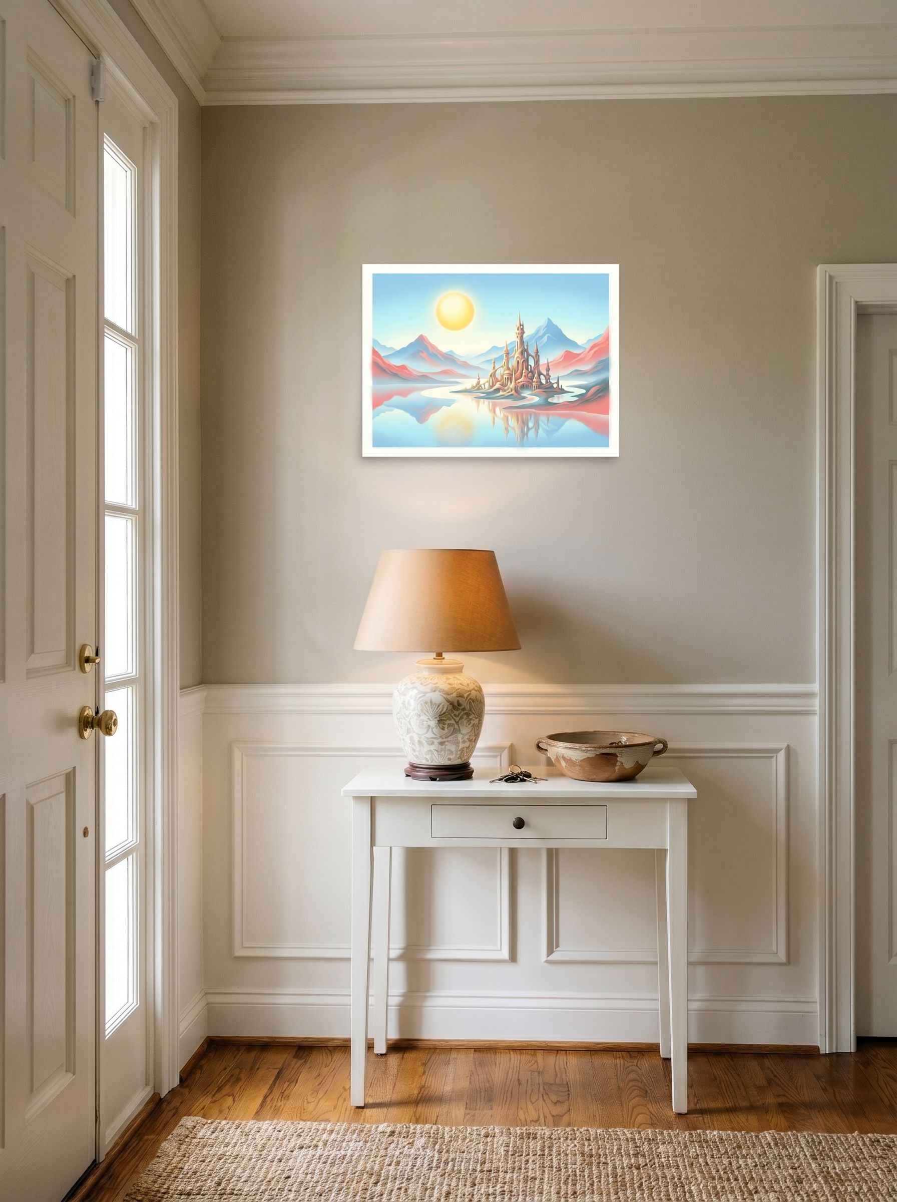 A 24x18 inch unframed paper Fantastic realism print of 'The Pastel Palace' hanging in an entryway near a console.