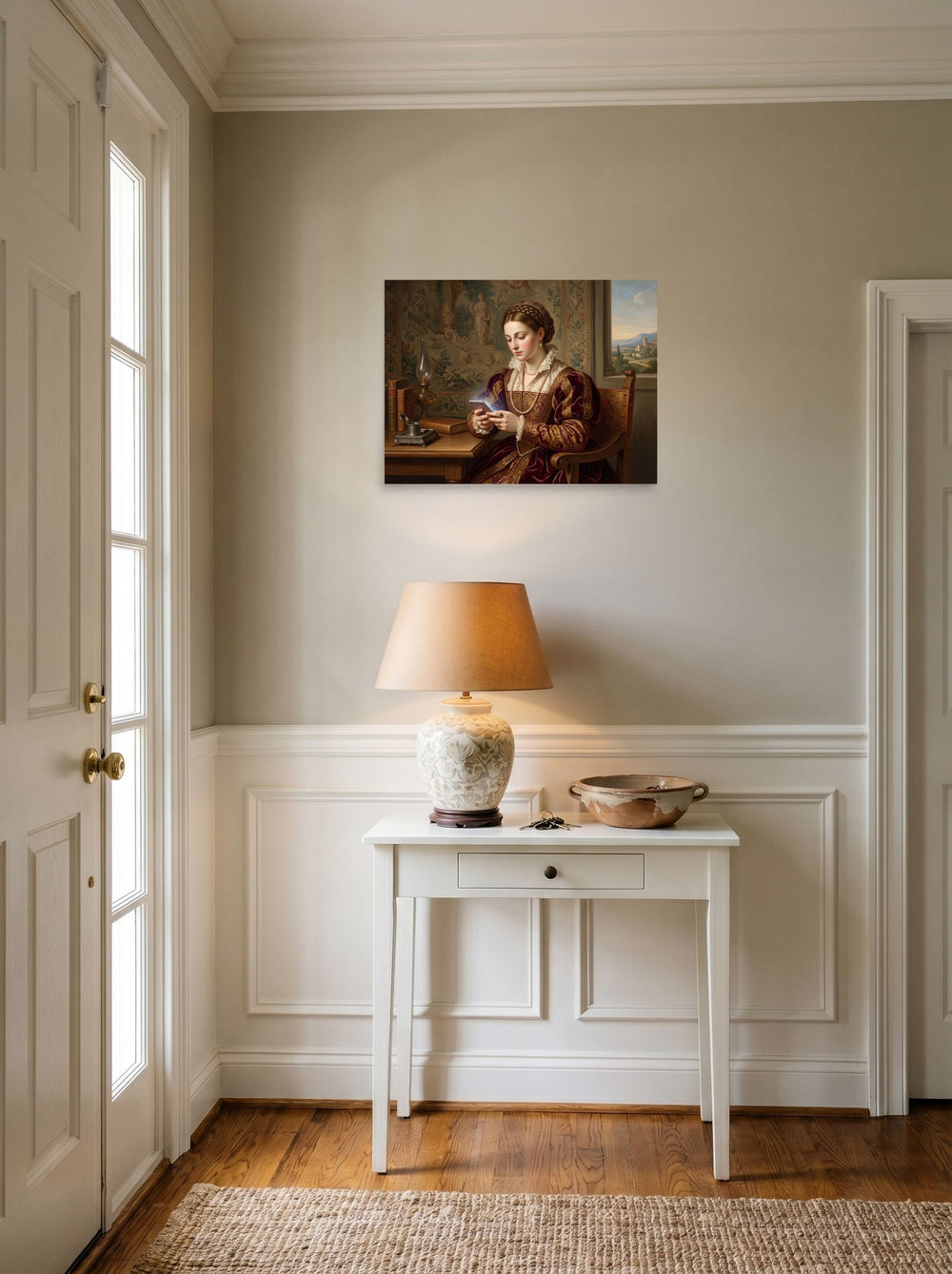 A unframed paper print of the Renaissance artwork 'The Digital Epistle', styled above a console table in an entryway.