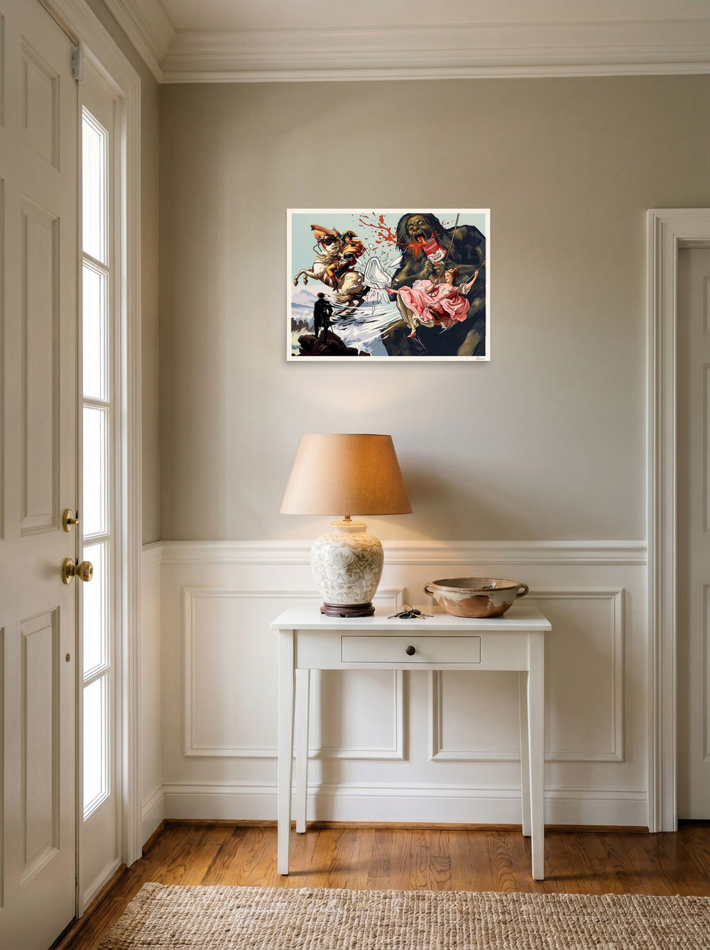 A unframed paper print of the Pop art artwork 'Saturn's Soup', set against a bright entryway wall.