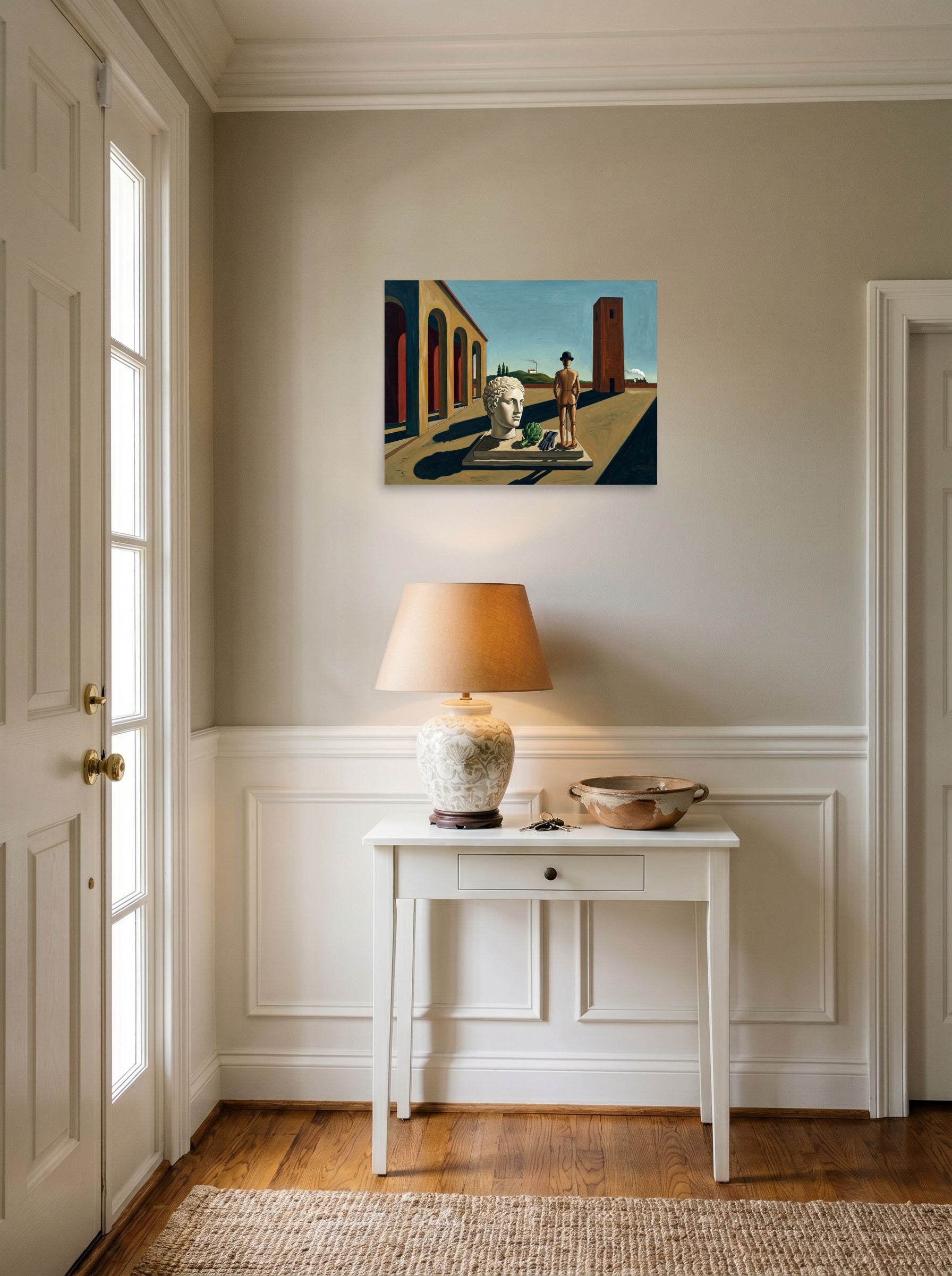 A 24x18 inch unframed paper Metaphysical painting print of 'The Enigma of the Industrial Mind' hanging in an entryway near a console.