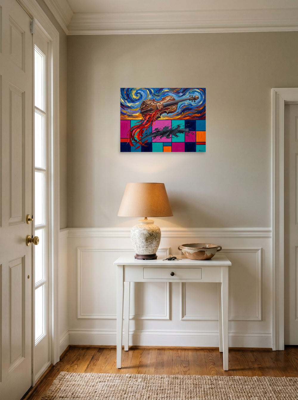 'Symphony of Two Realms' hanging in an entryway near a console, printed as unframed paper at 24x18 inch.