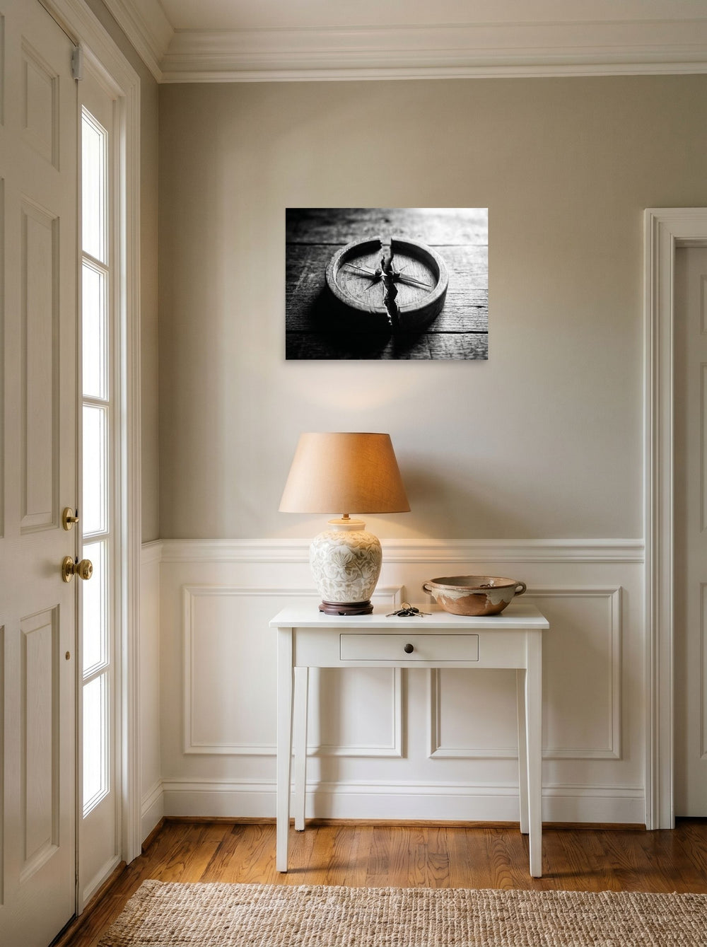 A 24x18 inch unframed paper Art photography print of 'Lost Direction' hanging in an entryway near a console.
