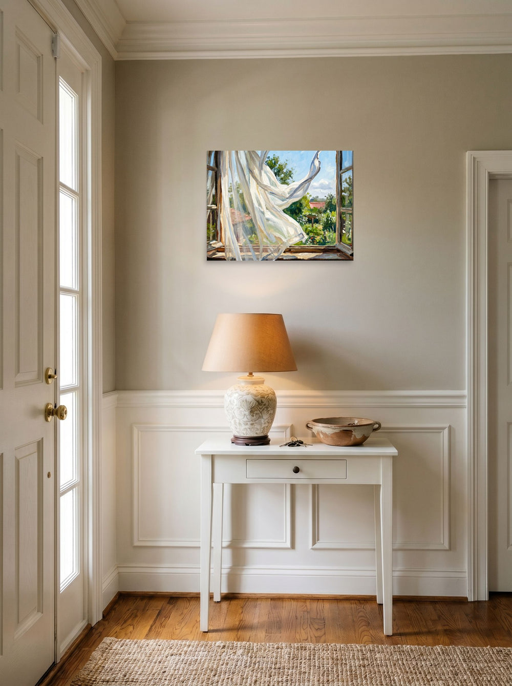 A 24x18 inch unframed paper Impressionism,Plein Air print of 'The Open Window' hanging in an entryway near a console.